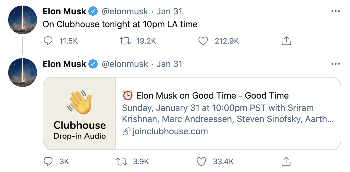 clubhouse Elon tweet