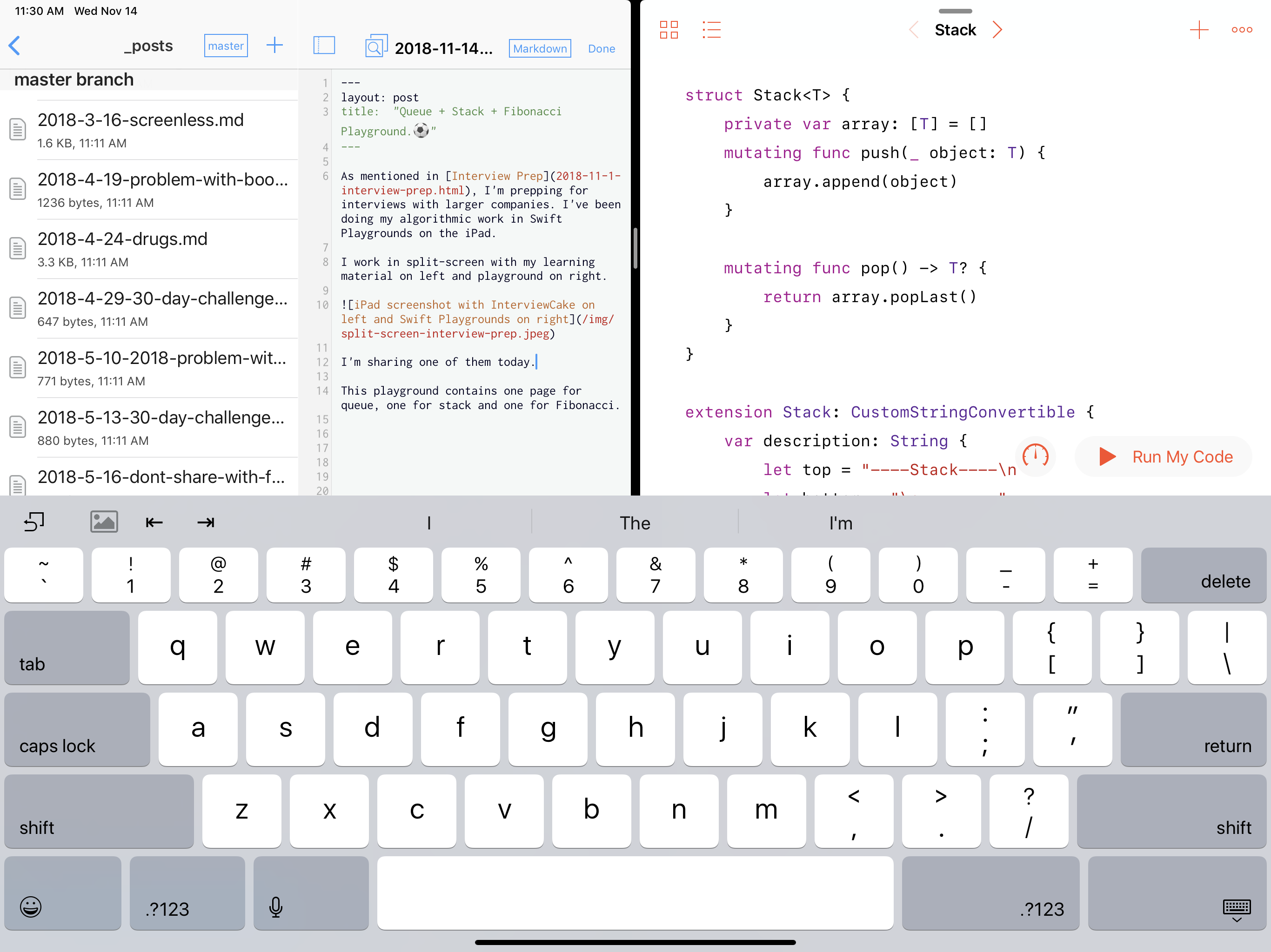 iPad screenshot with Working Copy on left and Swift Playgrounds on right