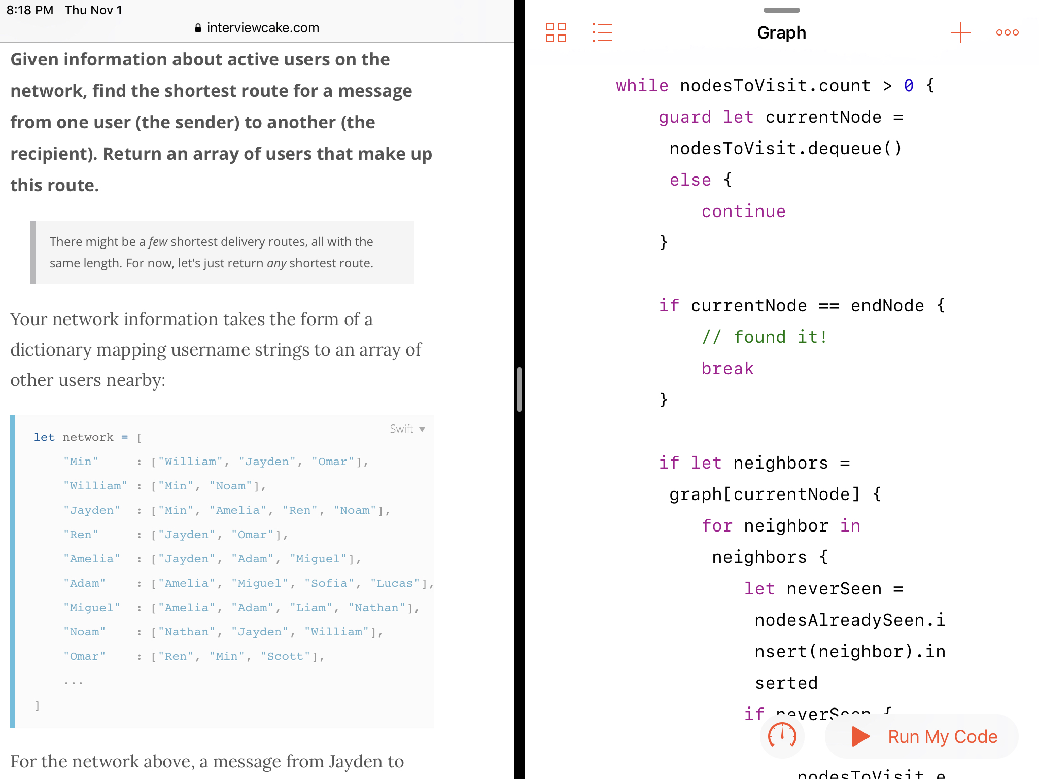 iPad screenshot with InterviewCake on left and Swift Playgrounds on right