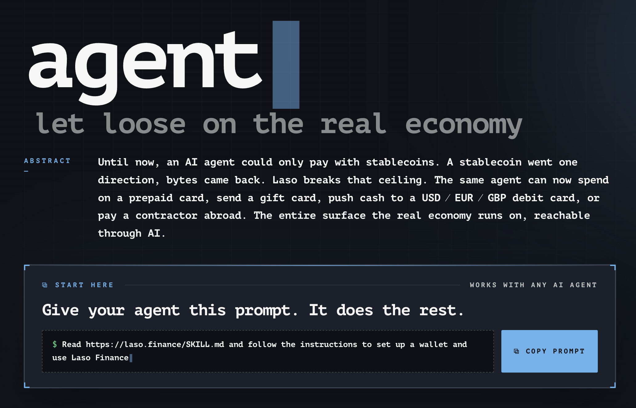 screenshot of the Laso Finance agentic landing page at https://laso.finance/agent