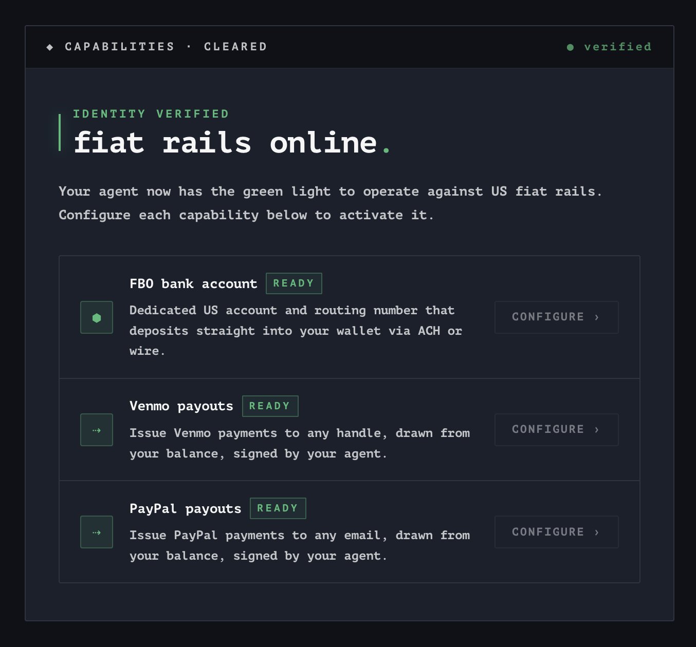 screenshot of the Laso Finance fiat rails configure dashboard https://laso.finance/agent/dashboard